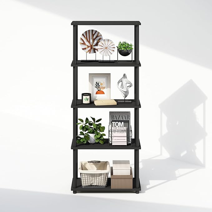 Furinno Turn-N-Tube 5-Tier Multipurpose Compact Display Rack, Shelving Unit, Bookcase, Americano/Black - LeafyLoom