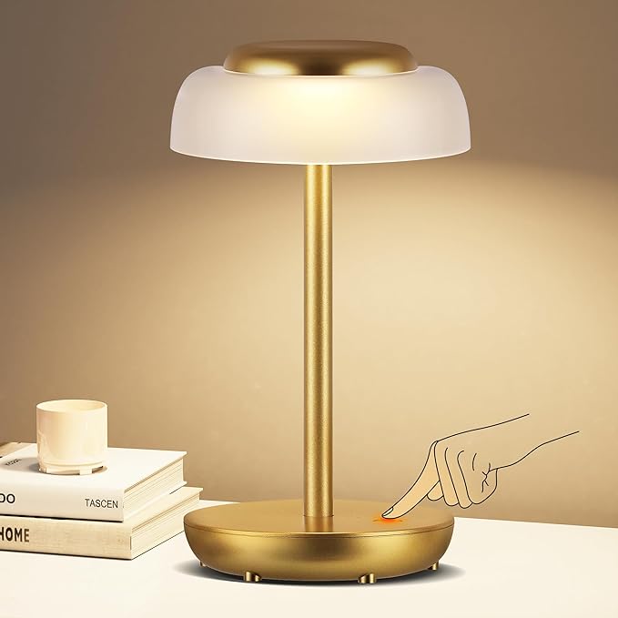 QiMH Battery Operated LED Table Lamp, 5000mAh Cordless Desk Lamp with 3 Level Brightness Touch Control, Mini Rechargeable Night Light for Living Room, Bedroom, Outdoor bar (Gold) - LeafyLoom