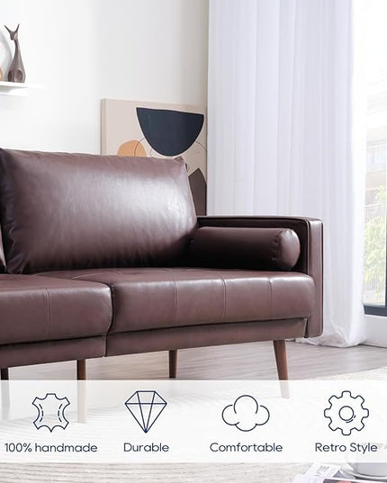 Vonanda Faux Leather Sofa Couch, Mid-Century 73 Inch 3 Seater Leather Couch with Wood Grain Metal Legs and Bolster Pillows for Living Room,Elegant Brown - LeafyLoom