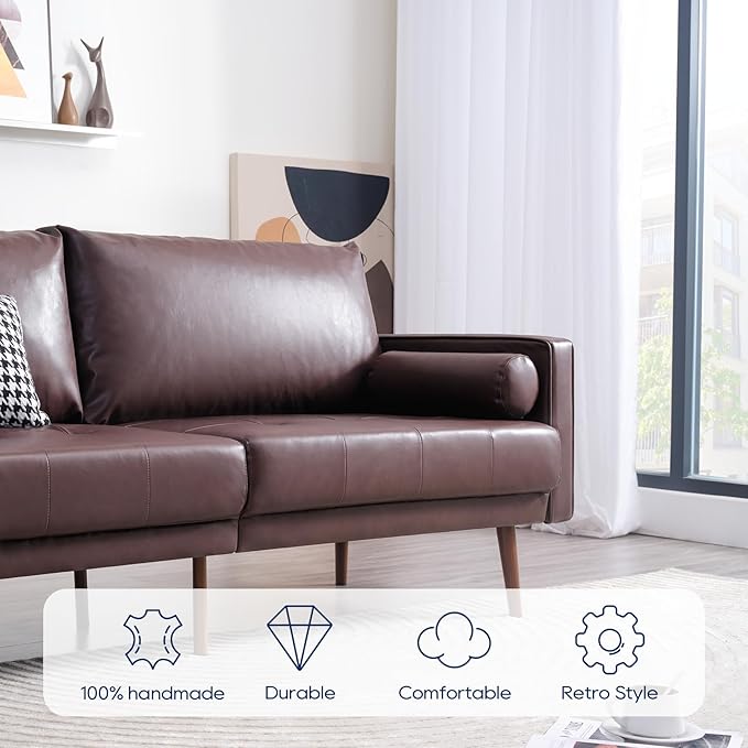 Vonanda Faux Leather Sofa Couch, Mid-Century 73 Inch 3 Seater Leather Couch with Wood Grain Metal Legs and Bolster Pillows for Living Room,Elegant Brown - LeafyLoom