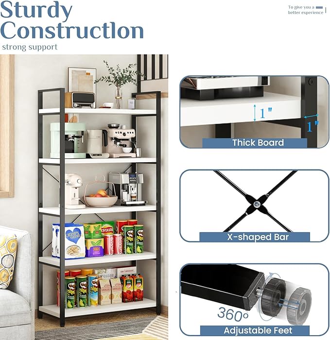 Tall Bookshelf with Large Storage,5 Tier Bookcase in Bedroom,Living Room and Office,Modern Wide Bookcase Shelf for Storing Books/Plants,White - LeafyLoom