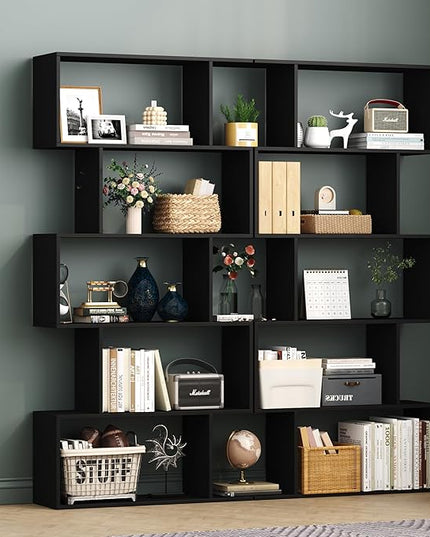 Yusong Bookshelf 5-Tier, Geometric Bookcase S Shaped Book Shelves for Bedroom, Modern Wood Decorative Display Shelf Book Case for Home Office, Black - LeafyLoom