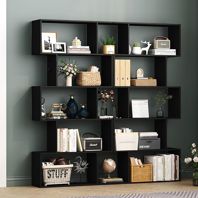 Yusong Bookshelf 5-Tier, Geometric Bookcase S Shaped Book Shelves for Bedroom, Modern Wood Decorative Display Shelf Book Case for Home Office, Black - LeafyLoom
