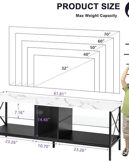 Clikuutory 63 Inch Marble Texture TV Stand with LED Lights for 40 50 55 60 65 70 Inch TVs, 3Tier Modern Metal Television Stands with Entertainment Center and Storage for Living Room, Bedroom, White - LeafyLoom