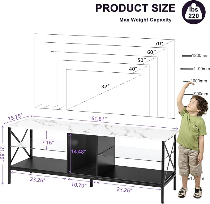 Clikuutory 63 Inch Marble Texture TV Stand with LED Lights for 40 50 55 60 65 70 Inch TVs, 3Tier Modern Metal Television Stands with Entertainment Center and Storage for Living Room, Bedroom, White - LeafyLoom