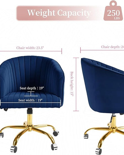 ROWHY Comfy Office Desk Chair, Velvet Swivel Desk Chairs with Wheels, Modern Office Computer Chair with Gold Base, Adjustable Wide Vanity Rolling Chair for Bedroom, Study, Navy Blue - LeafyLoom