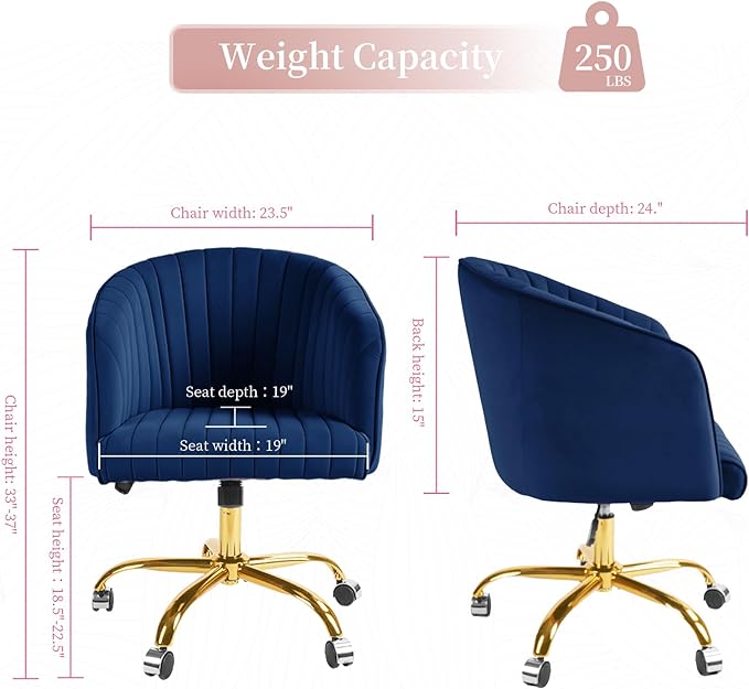 ROWHY Comfy Office Desk Chair, Velvet Swivel Desk Chairs with Wheels, Modern Office Computer Chair with Gold Base, Adjustable Wide Vanity Rolling Chair for Bedroom, Study, Navy Blue - LeafyLoom