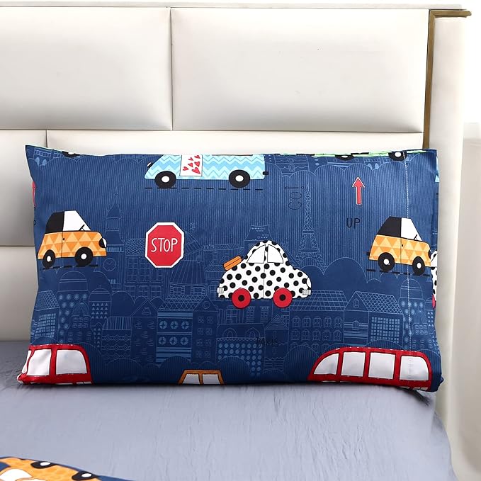 MAG 3Pcs Cartoon Car Bedding Comforter Set, Blue Cute Base Twin Comforter Set,for Toddlers Kids,Boys Teens and Girls,Super Soft Microfiber, Twin Size - LeafyLoom