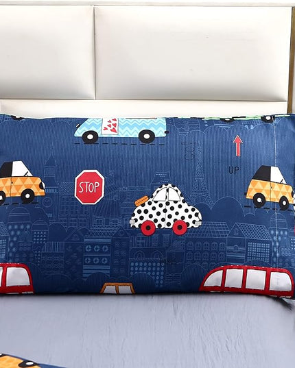 MAG 3Pcs Cartoon Car Bedding Comforter Set, Blue Cute Base Full/Queen Comforter Set,for Toddlers Kids,Boys Teens and Girls,Super Soft Microfiber, Full/Queen Size - LeafyLoom