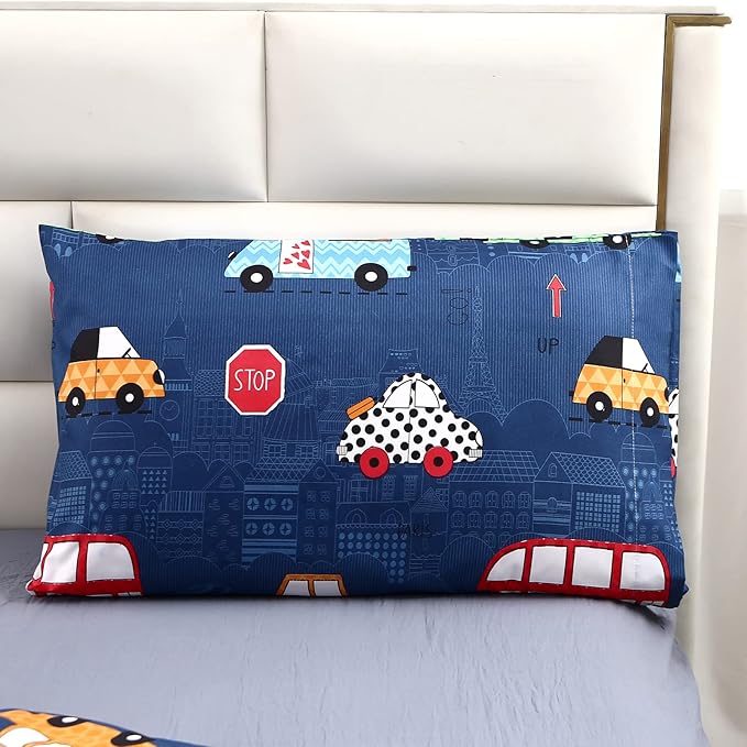 MAG 3Pcs Cartoon Car Bedding Comforter Set, Blue Cute Base Full/Queen Comforter Set,for Toddlers Kids,Boys Teens and Girls,Super Soft Microfiber, Full/Queen Size - LeafyLoom