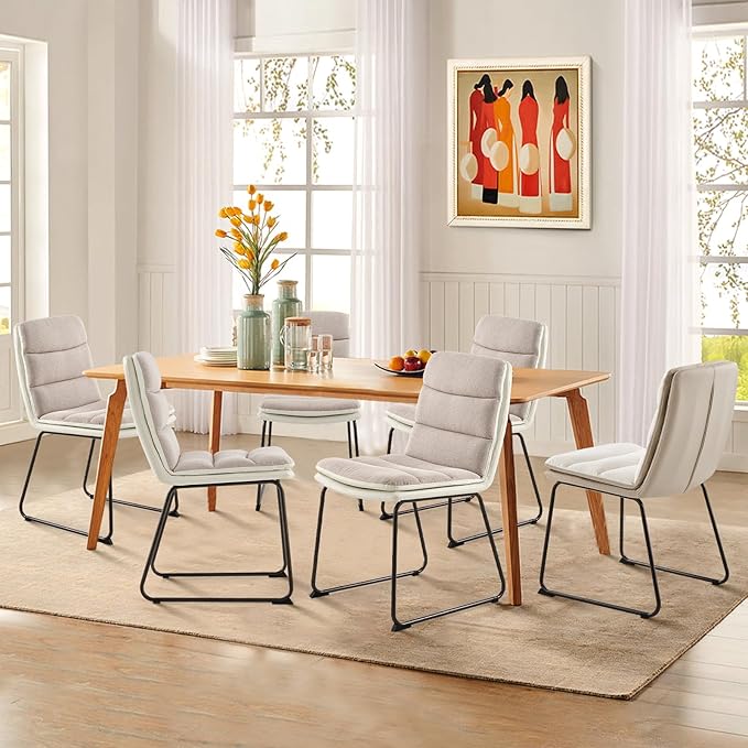 COLAMY Dining Chairs Set of 6, Modern Waffle Fabric Dining Chairs, Faux Leather Kitchen Chairs with Back for Dining Living Waiting Room, Light Brown - LeafyLoom