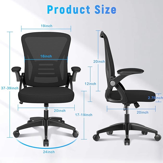 naspaluro Ergonomic Office Chair, Mid Back Desk Chair with Adjustable Height, Swivel Chair with Flip-Up Arms and Lumbar Support, Breathable Mesh Computer Chair for Home/Study/Working, Dark Black - LeafyLoom