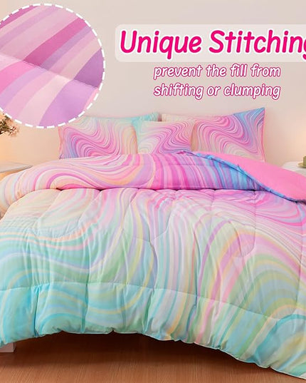 4 Pcs Pink Full Comforter Set for Girls, Tie Dye Superior Kids Teen Bedding Sets, Blue Pink Rainbow Full Size Bedding Set for Girls - LeafyLoom