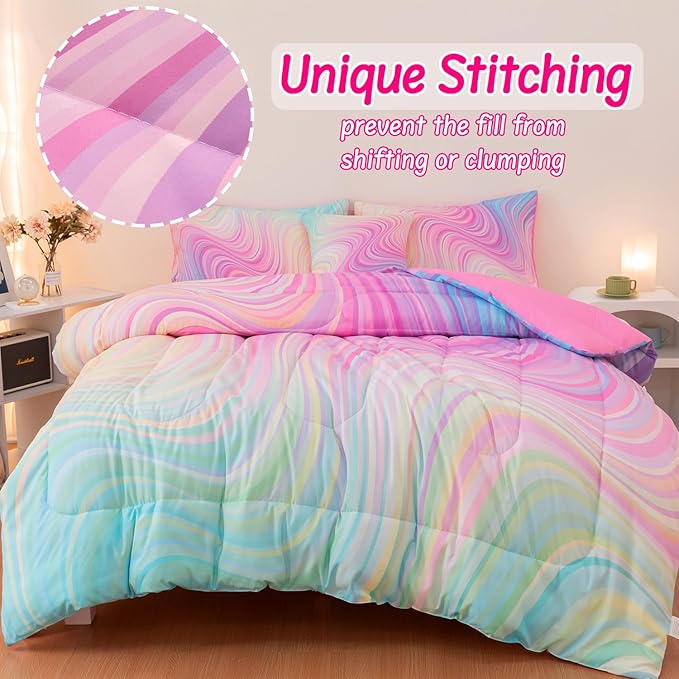 4 Pcs Pink Full Comforter Set for Girls, Tie Dye Superior Kids Teen Bedding Sets, Blue Pink Rainbow Full Size Bedding Set for Girls - LeafyLoom
