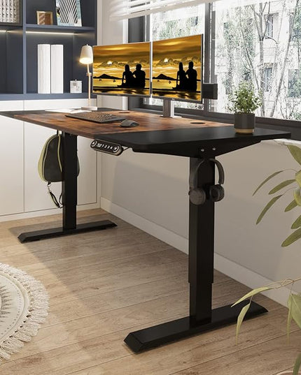 Adjustable Height Electric Standing Desk - 63 x 30 Inch Sit Stand Computer Desk with Splice Board, Stand Up Desk Table for Home Office, Black Frame/Black and Rustic Brown Top - LeafyLoom