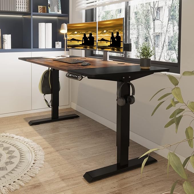 Adjustable Height Electric Standing Desk - 63 x 30 Inch Sit Stand Computer Desk with Splice Board, Stand Up Desk Table for Home Office, Black Frame/Black and Rustic Brown Top - LeafyLoom