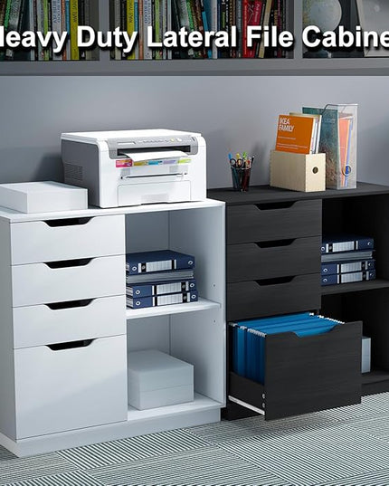 4 Drawers Lateral File Cabinets, Wood Filing Cabinet, Printer Stand with Open Storage Shelves for Home Office, 6 Compartments, White - LeafyLoom