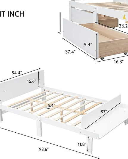 Full Bed with Footboard Bench, Full Kid Bed with Headboard, Wood Slat Support, Cute Kid Bed Frame with Book Storage Space, Full Car Bed for Boys Girls Bedroom, No Box Spring Needed, Grey - LeafyLoom