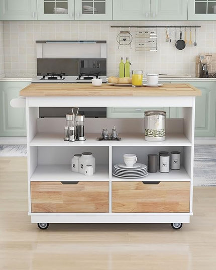 Rolling Storage, Two-sided Kitchen Island Cart on Wheels with Wood Top, Wine and Spice Rack, 2 Drawers, 3 Open Compartments, for Dining Room, Home, White, 46 Inch - LeafyLoom