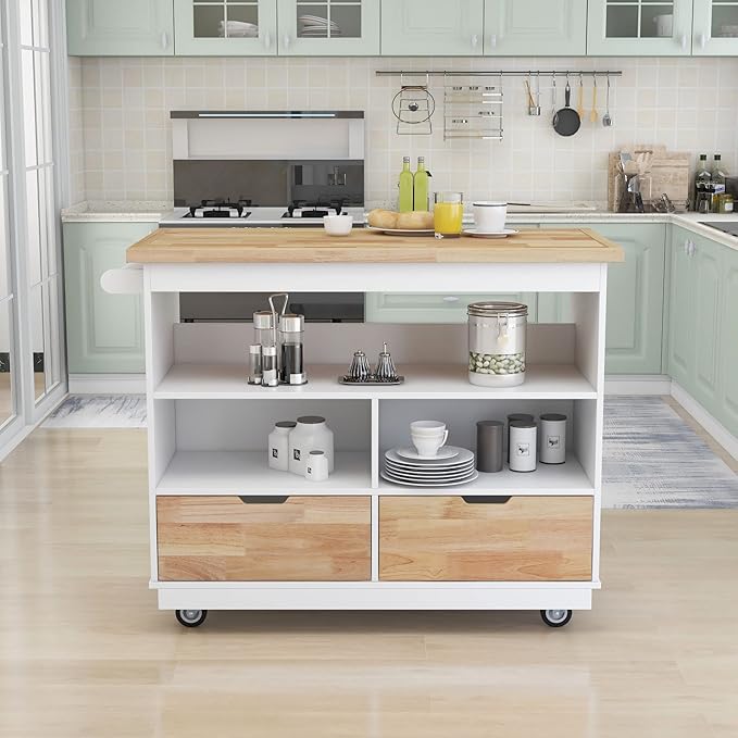 Rolling Storage, Two-sided Kitchen Island Cart on Wheels with Wood Top, Wine and Spice Rack, 2 Drawers, 3 Open Compartments, for Dining Room, Home, White, 46 Inch - LeafyLoom