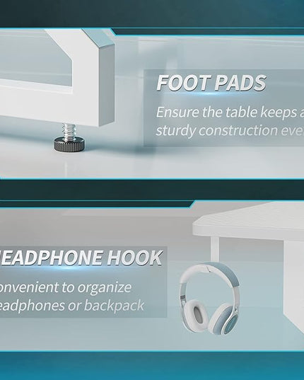 CubiCubi Simple Gaming Desk Z Shaped 40 inch Gamer Workstation, Home Computer Carbon Fiber Surface Gaming Desk PC Table with Headphone Hook, White - LeafyLoom