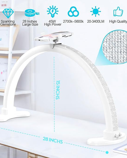 Large Half Moon LED Light for Table Nail Desk Lamp, Upgrade Arch Light for Nail Techs with Phone Stand Perfect for Nails Tech Manicure (White) - LeafyLoom