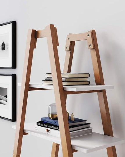 Nathan James 62201 Carlie 5-Shelf Ladder Bookcase, Display or Decorative Storage Rack with White and Rove Brown Wooden Ladder Shelves - LeafyLoom