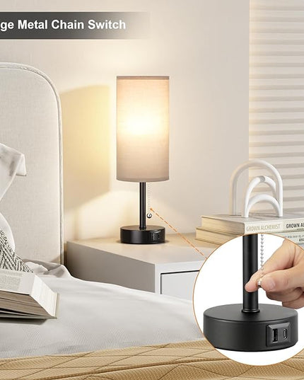 Grey Table Bedside Lamp for Bedroom Nightstand- Small Lamp with USB A + C Charging Port, 3 Color Temperatures Pull Chain Night Stand Light with Bulb, Side Table Desk Reading Lamp for Living Room - LeafyLoom