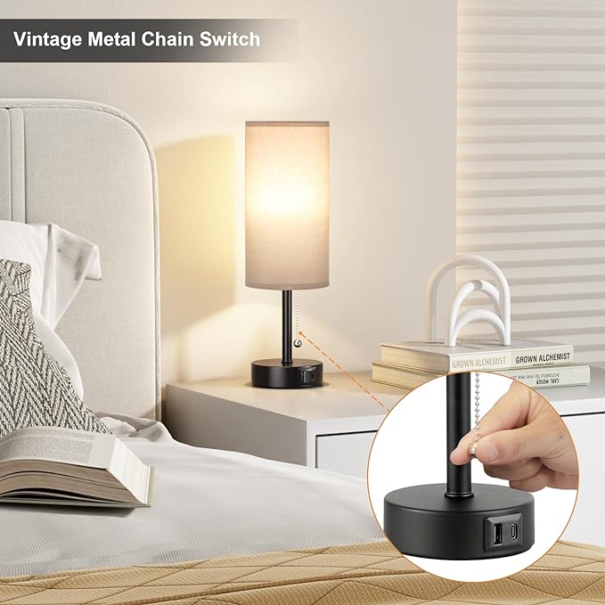 Grey Table Bedside Lamp for Bedroom Nightstand- Small Lamp with USB A + C Charging Port, 3 Color Temperatures Pull Chain Night Stand Light with Bulb, Side Table Desk Reading Lamp for Living Room - LeafyLoom