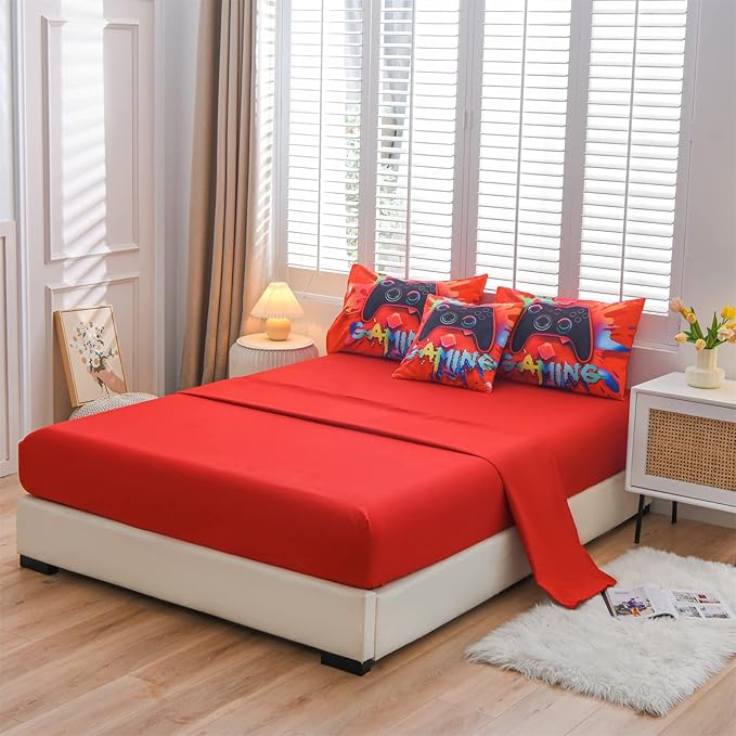 Aimuan Gamer Gaming Bedding Sets 3D Gamepad Comforter Sets for Boys Games Console Action Buttons Novelty Colorful Game Controller Modern Room Decor Home Quilt Set (Red, Full 6PCS) - LeafyLoom