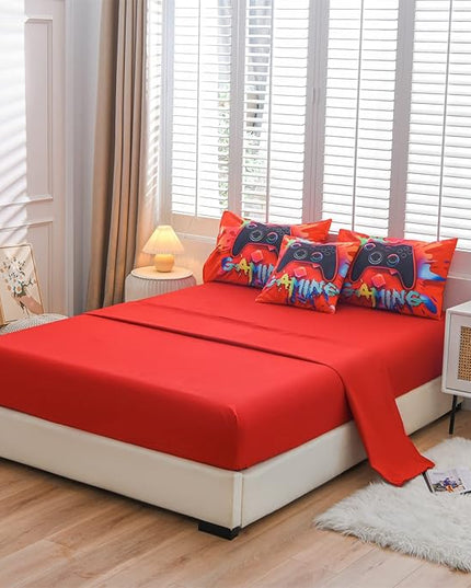 Aimuan Gaming Comforter Sets for Boys Kids Bedding Sets Video Games Console Action Buttons Novelty Colorful Game Gamepad Controller Modern Gamer Room Decor Home Quilt Set (Twin 6 Pcs, Red) - LeafyLoom