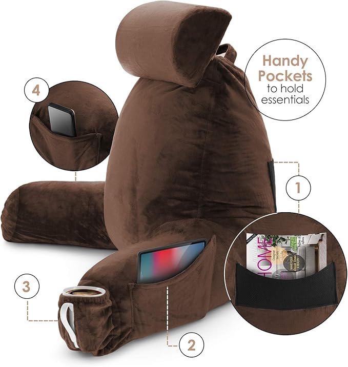 Nestl Reading Pillow with Portable Laptop Lap Desk, Velvet Feel Back Pillow for Sitting in Bed, Shredded Memory Foam Back Support Pillow for Bed, Bed Rest Pillow with Arms, Large - Brown - LeafyLoom