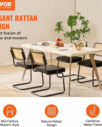 VEVOR Rattan Dining Chairs Set of 4, Mid Century Modern Dining Chair, Upholstered Velvet Accent Chair with Rattan Back, Retro Dining Room Kitchen Chair for Living Room, Bedroom, Office (18.1 Inch) - LeafyLoom