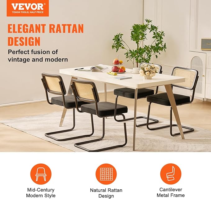 VEVOR Rattan Dining Chairs Set of 4, Mid Century Modern Dining Chair, Upholstered Velvet Accent Chair with Rattan Back, Retro Dining Room Kitchen Chair for Living Room, Bedroom, Office (18.1 Inch) - LeafyLoom