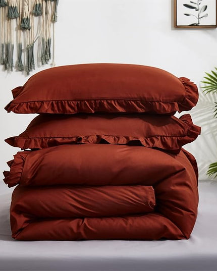 Rust Ruffled Comforter Set King Size Bedding Set Women Caramel Ruffles Blanket Men Burnt Orange Ruffled Comforter Farmhouse Ruffle Fringe Design Girls 3 PCs Cinnamon Color Ruffled Bedding Set - LeafyLoom