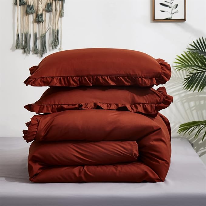 Rust Ruffled Comforter Set King Size Bedding Set Women Caramel Ruffles Blanket Men Burnt Orange Ruffled Comforter Farmhouse Ruffle Fringe Design Girls 3 PCs Cinnamon Color Ruffled Bedding Set - LeafyLoom