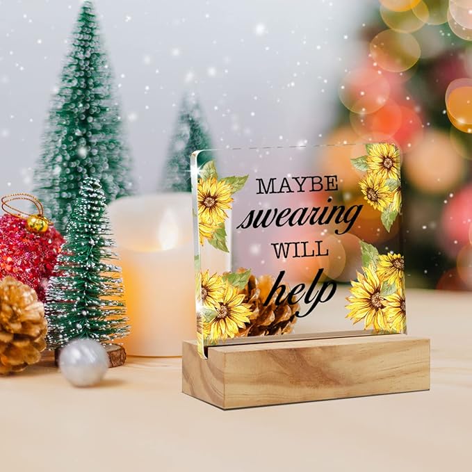 Maybe Swearing Will Help Quote Desk Decor Acrylic Desk Sign Humorous Acrylic Plaque Home Office Desk Shelf Decoration 4.7"x4.7" - LeafyLoom