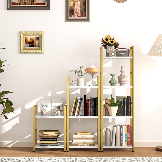 Bookshelf Storage Shelf Bookcase, 3 Tier Industrial Bookcase,Small Book case for Living Room, Bedroom, and Home Office, Easy Assembly Free Combination Multi-Functional Organizer(3 Tier,Gold) - LeafyLoom