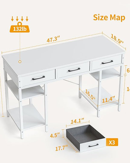 CubiCubi 47 Inch Computer Desk with 3 Drawers and Storage Shelves, Small Home Office Desk, Study Writing Table, Simple Desk for Bedroom, White - LeafyLoom