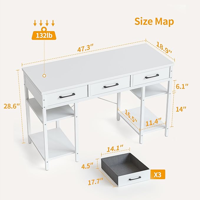 CubiCubi 47 Inch Computer Desk with 3 Drawers and Storage Shelves, Small Home Office Desk, Study Writing Table, Simple Desk for Bedroom, White - LeafyLoom