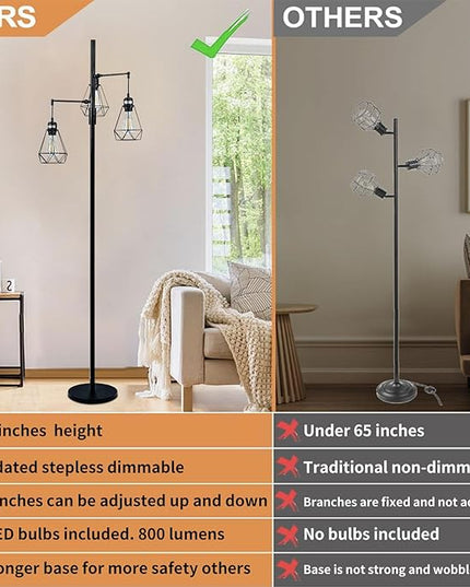 Dimmable Floor Lamp,Industrial Tree Floor Lamp with 3 Birdcage Hanging Cage Heads Up-Down Adjustment Branch Strong Base 69‘‘Tall Vintage Pole Light Great for Farmhouse Rustic Bedroom Office - LeafyLoom