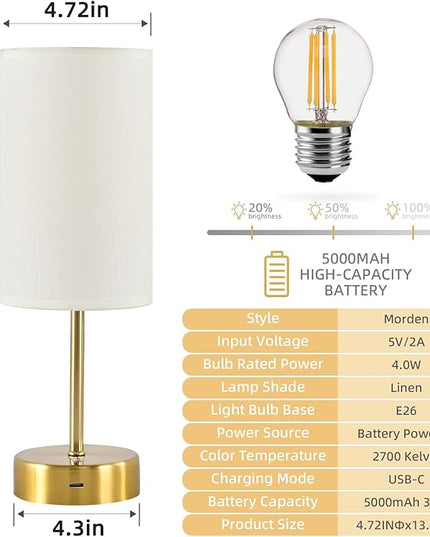 Cordless Table Lamp, Built-in 5000mAh Fast Rechargeable Table Lamp Cordless,Stepless Dimmable Battery Powered Lamp, Wireless Lamp with Memory Function, Lasting 140+H (gold) - LeafyLoom