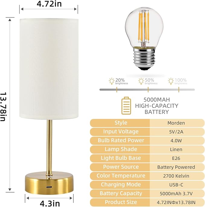 Cordless Table Lamp, Built-in 5000mAh Fast Rechargeable Table Lamp Cordless,Stepless Dimmable Battery Powered Lamp, Wireless Lamp with Memory Function, Lasting 140+H (gold) - LeafyLoom