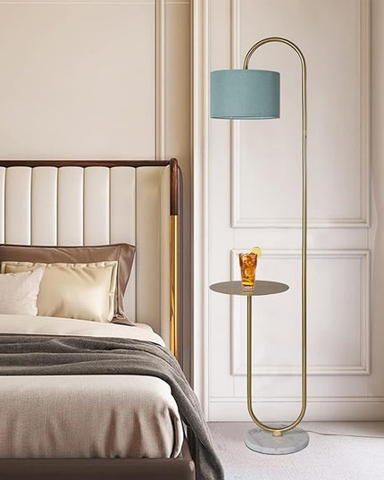 Hsyile KU300272 Arc Floor Lamp with Hanging Drum Shade for Living Room-Marble Base Modern Tall Stand Up Light with Table, Contemporary Over The Couch Gold Lamp Standing Lamps for Bedroom Office - LeafyLoom