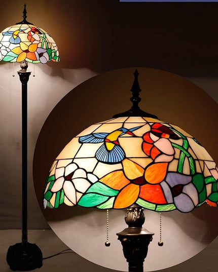 WERFACTORY Tiffany Floor Lamp Hummingbird Amber Stained Glass Standing Reading Light 16X16X64 Inches Antique Pole Corner Lamp Decor Bedroom Living Room Home Office S101 Series - LeafyLoom