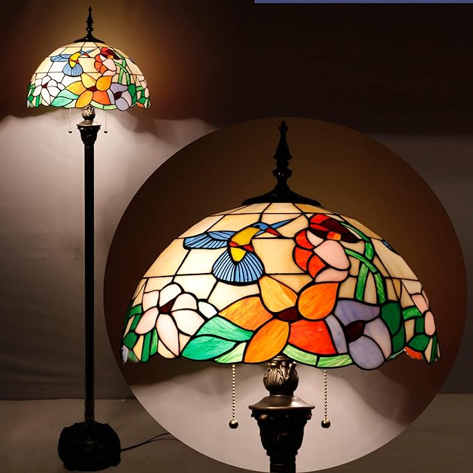 WERFACTORY Tiffany Floor Lamp Hummingbird Amber Stained Glass Standing Reading Light 16X16X64 Inches Antique Pole Corner Lamp Decor Bedroom Living Room Home Office S101 Series - LeafyLoom