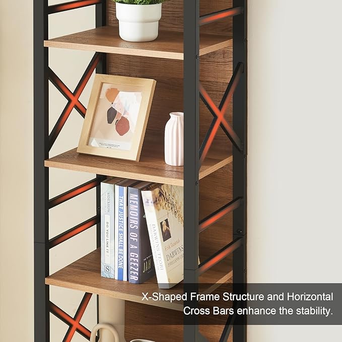 Bookcase, Narrow Bookcase with Cube Storage Shelf, Industrial 6 Tier Slim Bookshelf,Skinny Bookseca for Corner Small Space, Living Room, Bedroom and Home Office, Brown - LeafyLoom