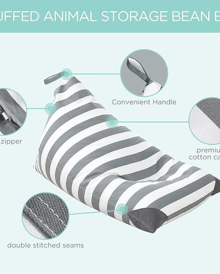 Aubliss Stuffed Animal Storage Bean Bag Chairs Cover, 50"x 35" Extra Large Bean Bags Chair for Kids Adults, Beanbag Toy Storage for Boys Girls - Premium Cotton Canvas Grey Stripe - LeafyLoom