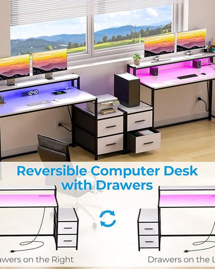 GreenForest Small Desk for Bedroom, 39.4 inch Computer Desk with 2 Drawers, Gaming Desk with LED Light and Power Outlet, Reversible Office Desk with Monitor Stand, Desk for Small Spaces, White - LeafyLoom