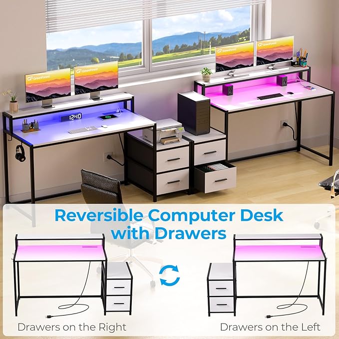 GreenForest Small Desk for Bedroom, 39.4 inch Computer Desk with 2 Drawers, Gaming Desk with LED Light and Power Outlet, Reversible Office Desk with Monitor Stand, Desk for Small Spaces, White - LeafyLoom
